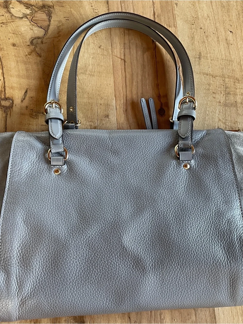 Coach Light Gray Leather with Suede Carryall Tote with Gold Hardware